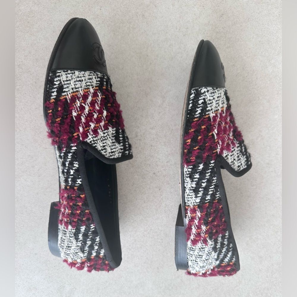 Chanel CC Logo Leather Cap Toe Multicolor Tweed Flat Loafers EU 38 US 7-7.5 - Picture 4 of 11